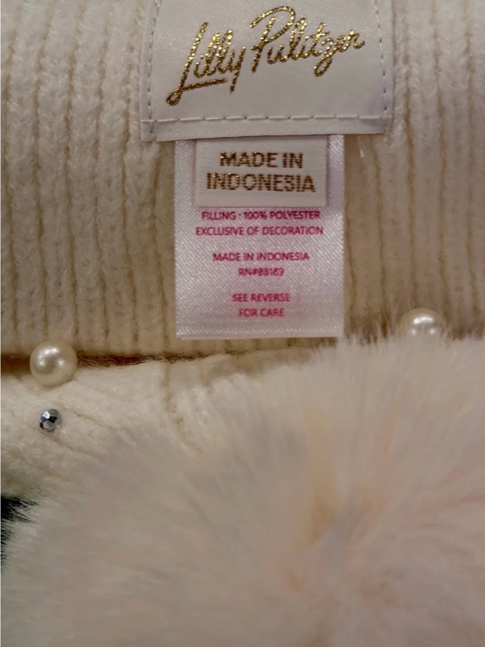 NWT LILLY PULITZER POM POM HAT WITH PEARLS AND RHINESTONES